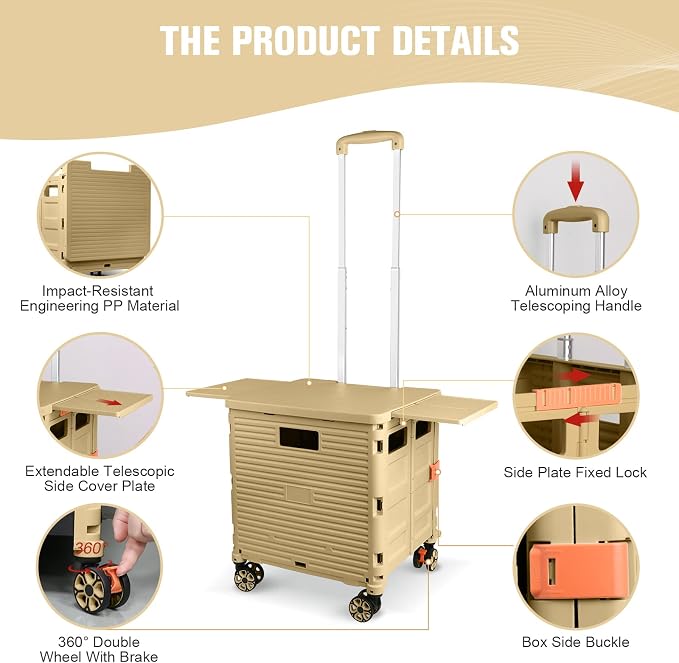 FELICON SELORSS Folding Utility Cart Portable Rolling Crate Handcart-Khaki | Magnetic Sliding Lid,Telescoping Handle,Plastic Box Dolly,360°Swivel Wheels for Travel Shop Move Laundry Office Teacher Use - Image 3