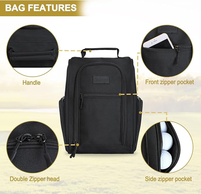 Goloni 2 Pcs Golf Shoe Bag for Men & Women, Padded Travel Shoe Bag with Side Accessory Pockets,Sport Shoe Carrier for Golf Shoes,Socks,Tees & Balls,Durable & Lightweight Design(Black) - Image 4