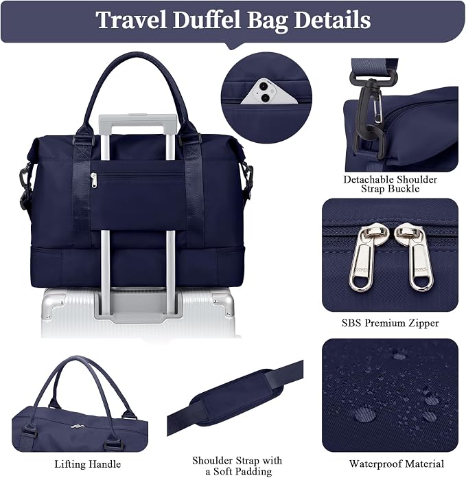 Weekender Bags for Women,Personal Item Travel Bag with Shoes Compartment,Overnight Travel Duffel Bag with Quilted Toiletry Bag,Dark Blue - Image 4
