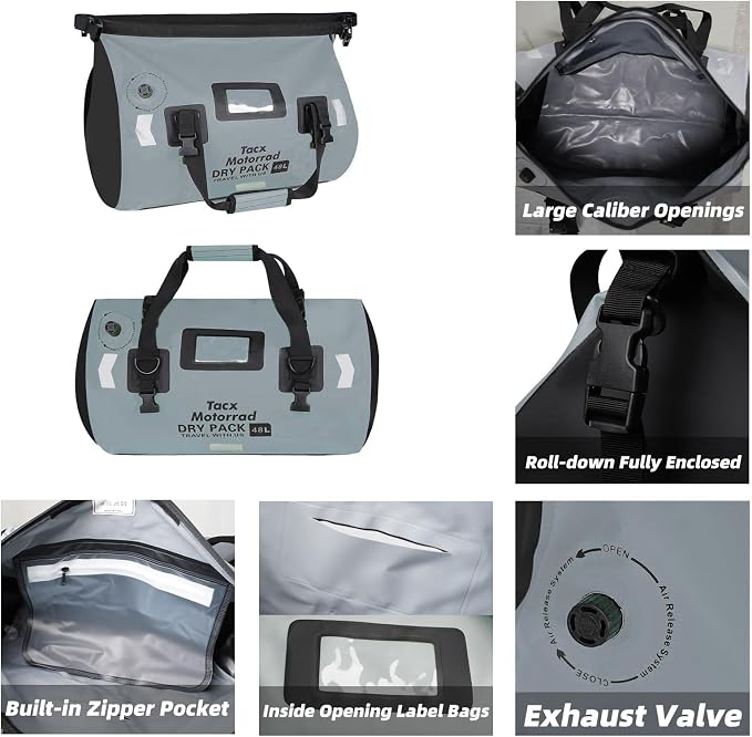 Waterproof Duffel Bag for Men/Women, Roll-top Dry Backpack Duffel Bag with Quick-fixed Straps, Motorcycle Tail Saddle Bag for Motorcycling, Rafting, Boating, Kayaking, Travel, 48L-Grey - Image 2