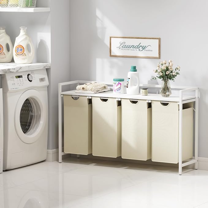 Lifewit Laundry Hamper 4 Section, 168L Pull out Laundry Clothes Basket Organizer with Large Top Shelf and 4 Removable Bags and Handles for Laundry Room Bedroom Bathroom, White with A Shelf - Image 6
