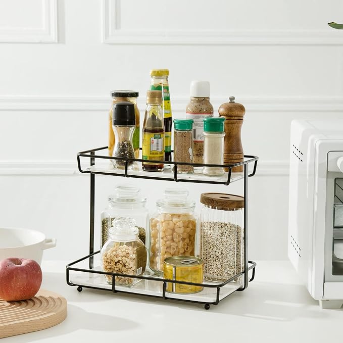 Bathroom Organizer Countertop Perfume Organizer Makeup Organizer Cosmetics Storage Display Rack Vanity Tray Dresser Stainless Steel Gold Shelf White Marble Ceramic Tray (2 Tier L-Black) - Image 7