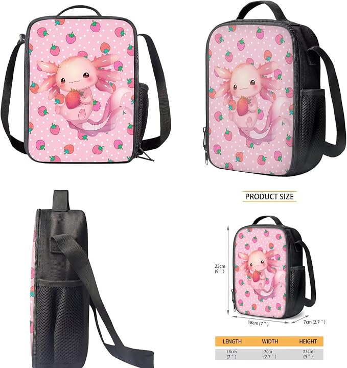 Personalized Axolotl Backpack with Lunch Box Kids Girls Custom Strawberry Bookbag for 1st Grade Elementary School Book Bags Primary Back Pack Lunch Bag Pencil Case Water Bottle Holder Set - Image 5