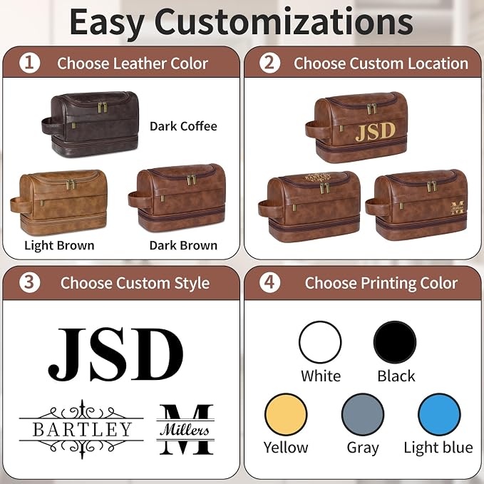 Personalized Toiletry Bag For Men, Large Capacity Travel Doop Kit, Vintage Color PU Leather, Custom Name Initials, Gifts for Dad, Husband, Boyfriend, Groomsmen, Birthday (Style 5) - Image 5