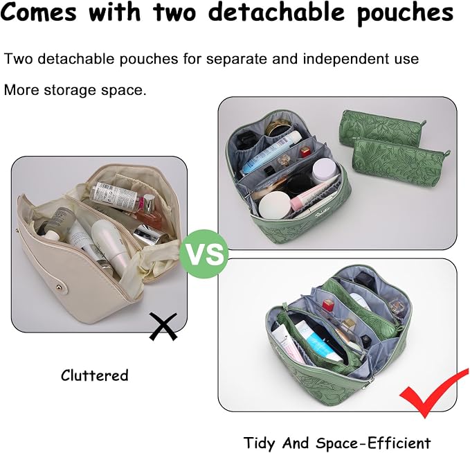 BOYATU Travel Makeup Bags Cosmetic Organizer Bag: 3-Set Large Capacity Make up Bag - PU Leather Toiletry Bags for Women - Wide Open Portable Pouch with Divider & Handle (03-Green-2) - Image 2