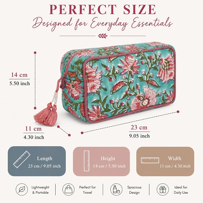Travel Makeup Bag- Large Capacity Cosmetic Bags for Women - Water Resistance Lining Portable Pouch & Open Toiletry Bag - Perfect Girls Makeup Organizer for Travel Essentials (Green & Pink Floral) - Image 6