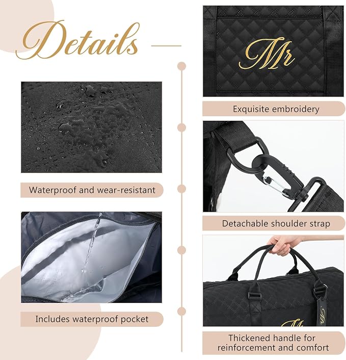 Dansydaisy 4 Pcs Duffel Bag Set Include 2 Honeymoon Travel Bags with Shoe Compartment and 2 Luggage Tags(19.7 x 9.8 x 15.7 Inches,Mr and Mrs,Black,White) - Image 4