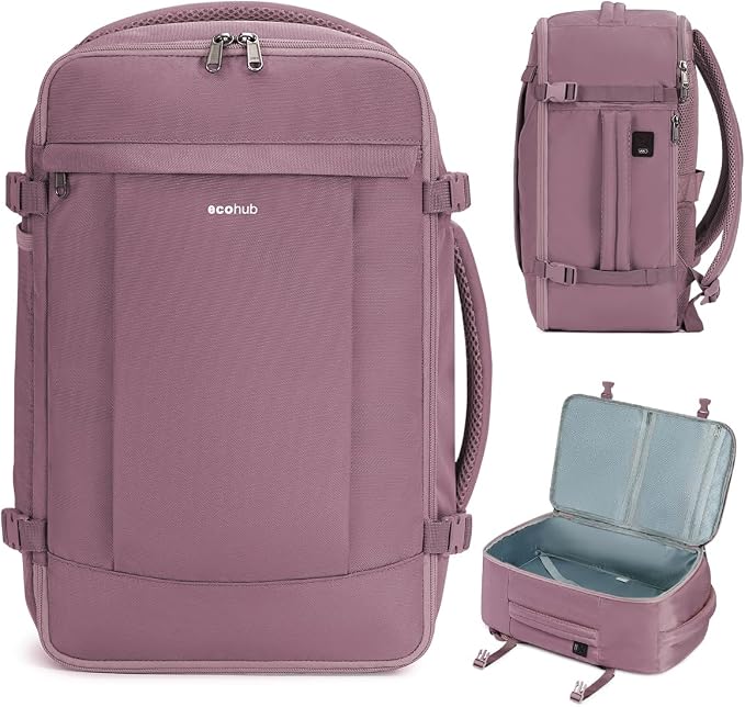 ECOHUB Travel Backpack for Women, Carry on Backpack with USB Charging Hole, Spirit Airlines Personal Item Bag Flight Approved, 15.6 Inch Laptop Backpack with Anti Theft Pockets, 30L, Pink by ECOHUB