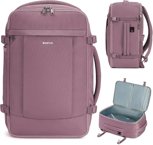 ECOHUB Travel Backpack for Women, Carry on Backpack with USB Charging Hole, Spirit Airlines Personal Item Bag Flight Approved, 15.6 Inch Laptop Backpack with Anti Theft Pockets, 30L, Pink by ECOHUB