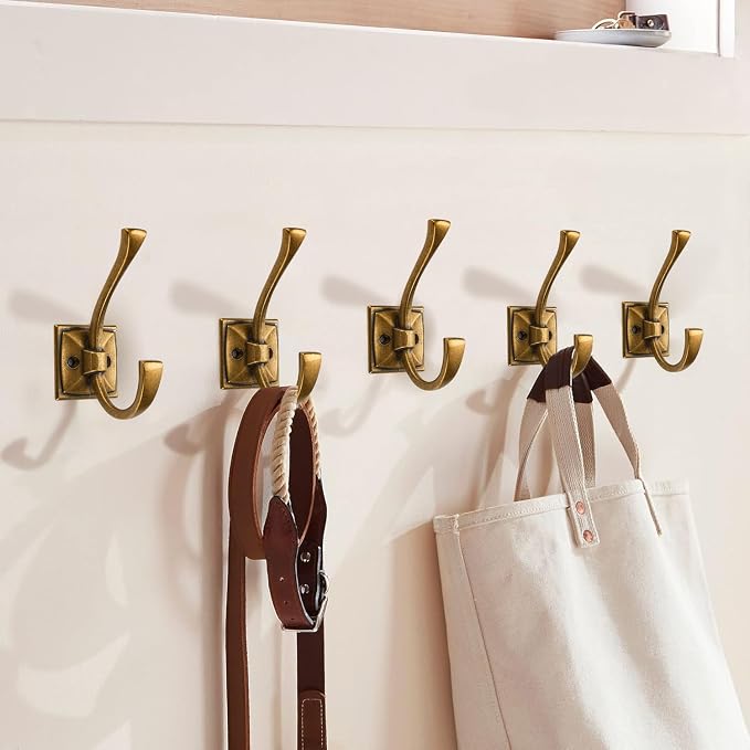 Large Wall Hooks 5 Pack Antique Brass Coat Hooks Hardware Towel Hooks for Hanging Coats 4.35 Inch Double Robe Hooks Wall Mounted with Screws for Key, Towel, Bags, Cup, Hat - Image 3