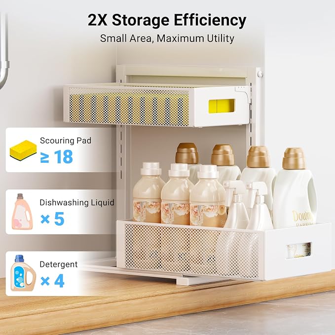 TISTAYA Pull-out Under Kitchen Sink Organizer, Metal Functional Under Sink Organizer, Height Adjustable Under Bathroom Sink Organizer, Under Sink Storage for Kitchen Bathroom Cabinet (White) - Image 6