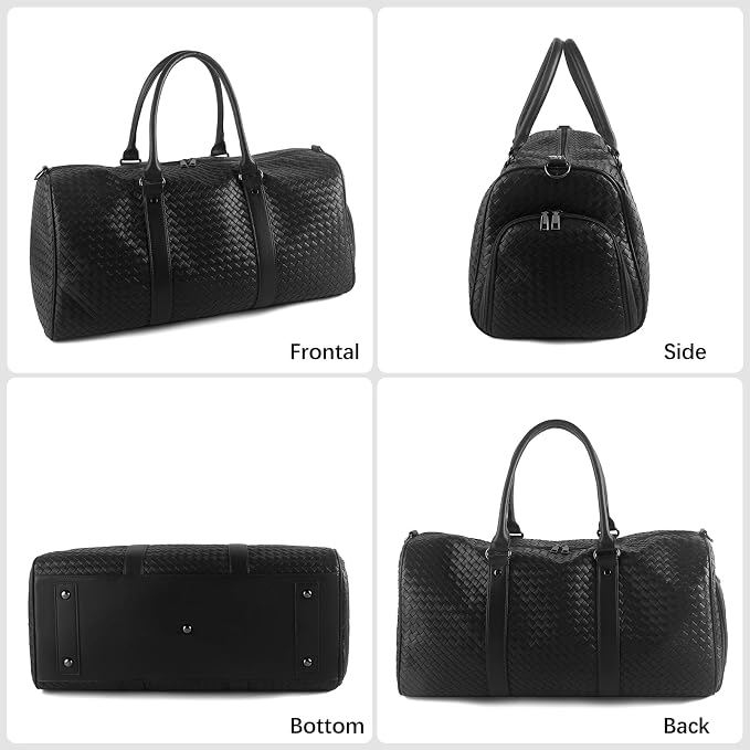 Weekender Bag for Women Men Water-resistant Gym Tote, Leather Woven Travel Duffel Bags with Shoe Compartment - Image 3