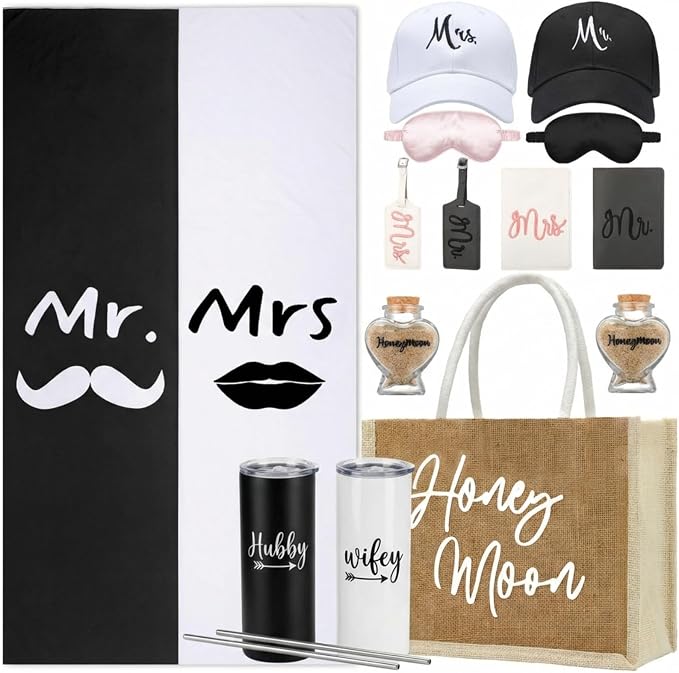 Rtteri 14 Pieces Wedding Gift Set for Couple - Mr & Mrs Honeymoon Gifts Include Wedding Towels, 20 oz Wine Tumbler, Hat, Passport Holder, Baggage Tag, Glass Bottle, Honeymoon Tote Bag by Rtteri