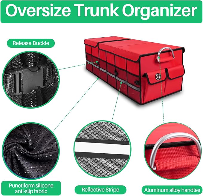 Big Car Trunk Organizer, Cargo Organizer SUV Trunk Storage Non Slip Bottom Waterproof Collapsible Durable Multi Compartments-(Oversize,Red) - Image 6
