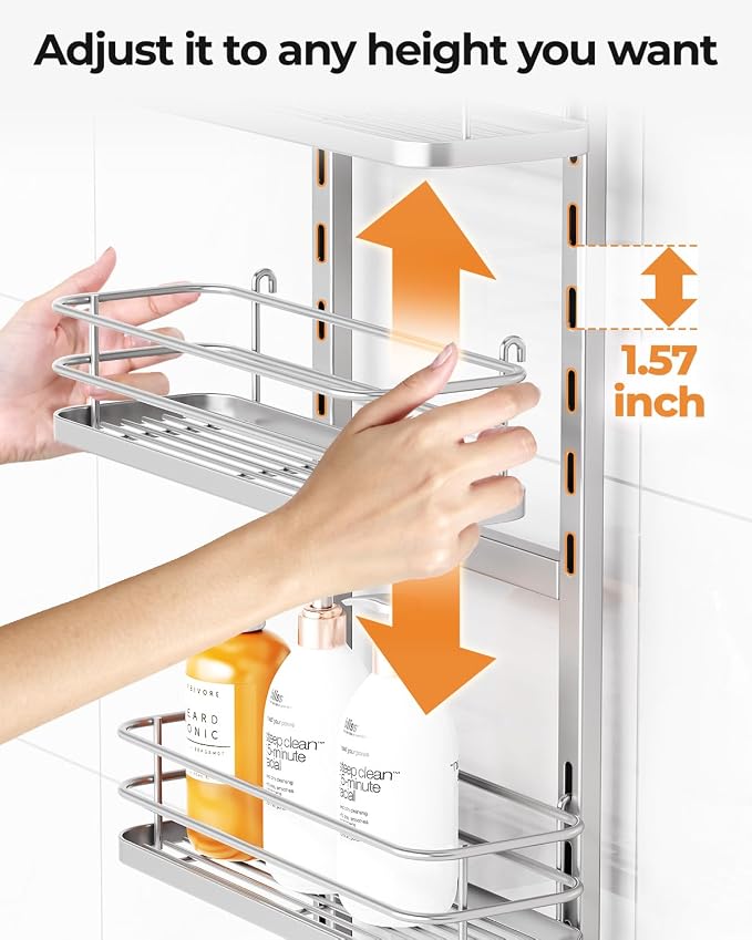 ODesign 4 Tier Adjustable Shower Caddy Hanging Over Showerhead Silver | Shower organizer hanging,no drilling required,comes with removable hook and storage box, suitable for indoor showers - Image 6