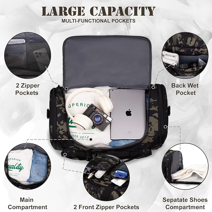Tactical Duffle Bag For Travel Expandable 52L Large Duffle Bag For Men Gym Duffel With Wet Pocket Multi-Functional Carry On Bags Weekender Overnight Bag Organizer Duffel Bag For Travel - Image 3