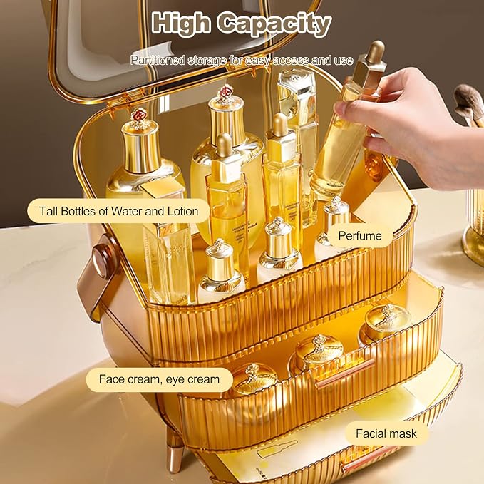 Ergocar Portable Retro Series Multi-Function Make Up Case Dustproof Cosmetic Storage Box,Cosmetics Skin Care Products Jewelry Organizer Case Finishing Box Bathroom Desktop -Amber (X-1) - Image 2