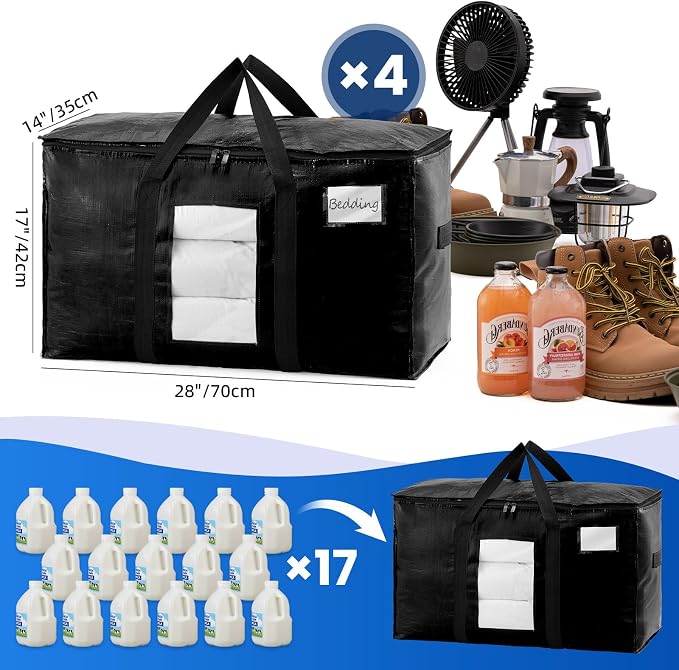 TAILI Extra Large Moving Bags, 4 Pack Black Heavy Duty Totes For Storage with Visible Window, Wrap Around Handles, Storage Bags for Space Saving, Alternative to Moving Boxes - Image 6