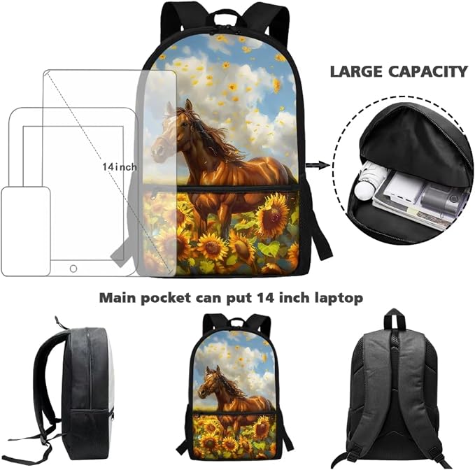 Sunflower Horse Print School Set Fashion Backpacks Lunch Bag Pencil Case Boys Girls 17 Inch Travel Laptop Bag Lightweight Rucksack Casual Daypack for Hiking Camping - Image 3