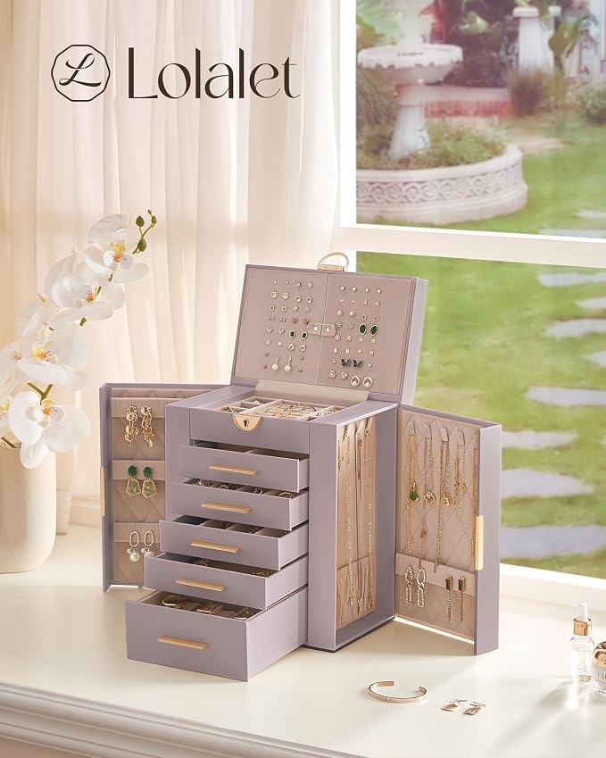Lolalet Large Jewelry Box Organizer for Women, 6-Layer Jewelry Organizers and Storage Case with Mirror & 5 Drawers, Lockable Watch Ring Earring Bracelet Necklace Holder Girls Gift -6Layer, HazePurple - Image 5