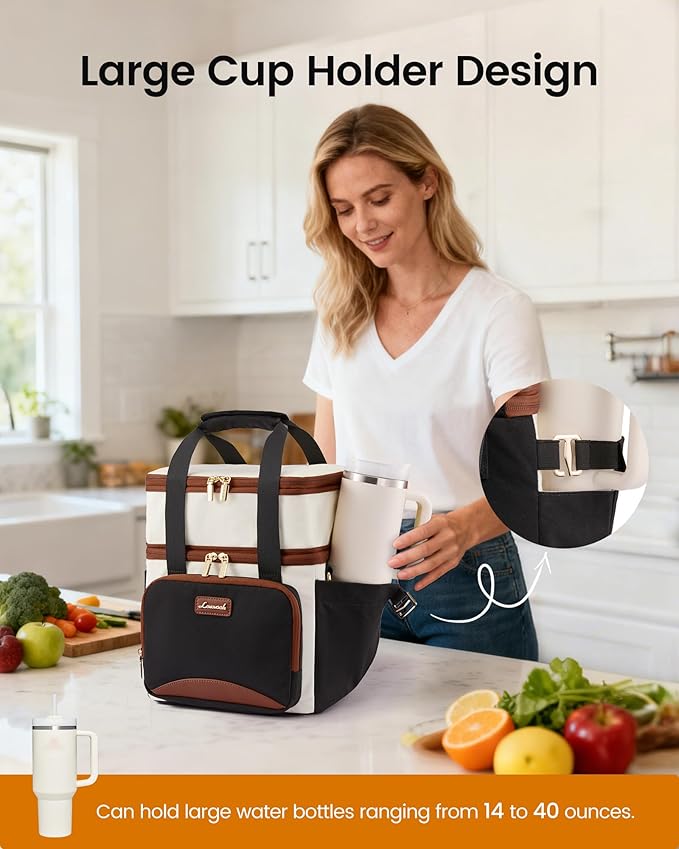 LOVEVOOK Insulated Lunch Bag For Women,Large Double Deck Adult Lunch Box,Teacher Lunch Tote Bag With Cup Holder,Leakproof Cooler Bag With Adjustable Shoulder Strap For Work Picnic Beach,Larger 15L - Image 2