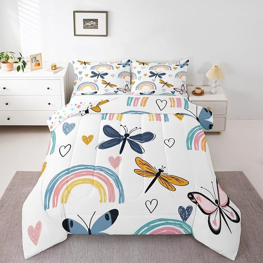 Rainbow King Bedding Sets For Girls, Cute Dragonfly Duvet Insert,Hand Drawn Love Heart Comforter Set For Kids Boys Children Teens Adult, Rainbow Ripple Cartoon Quilt 3 Pieces With 2 Pillow Cases by Erosebridal