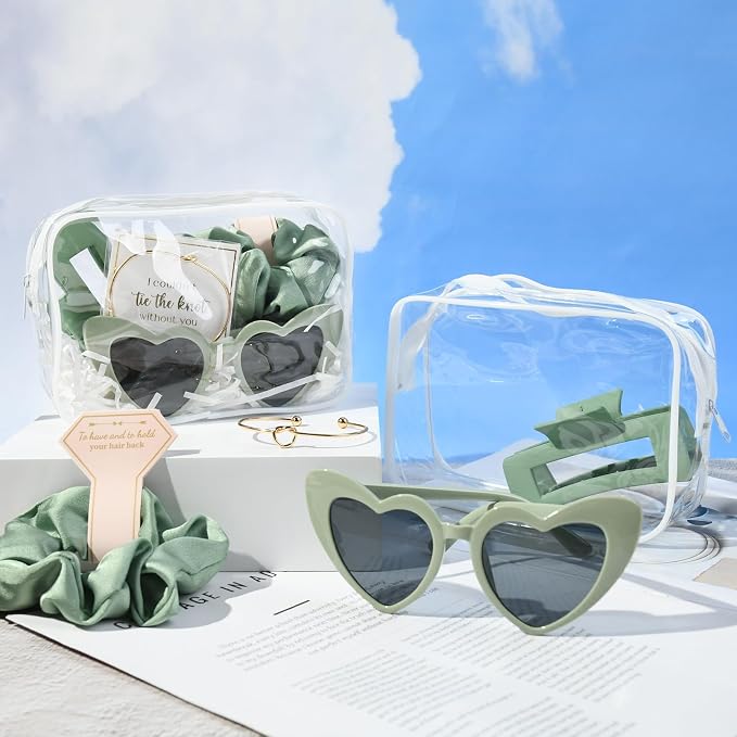 DEEKA 30 Pcs Bridesmaid Proposal Bag Set Gift Clear Makeup Toiletry Bag Bachelorette Party Favors Sunglasses Hair Claw Clips Scrunchies Knot Bracelets Bridal Wedding Party Gifts (Sage Green) - Image 8