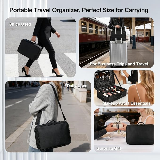 Professional Makeup Train Case with Brush Holder, Large Makeup Travel Bag Organizer, Portable Cosmetic Carry Case 3 Layer Makeup Artist Storage Box with Adjustable Dividers and Shoulder Strap, Black - Image 7