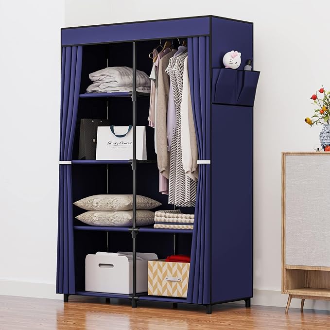 SORCEDAS Portable Closet Wardrobe Organizer Storage with Cover Non-Woben Fabric Portable Wardrobe Closet for Hanging Clothes Racks Shelving 33 Inch for Bedroom, Blue (Blue, 33Inch) - Image 2