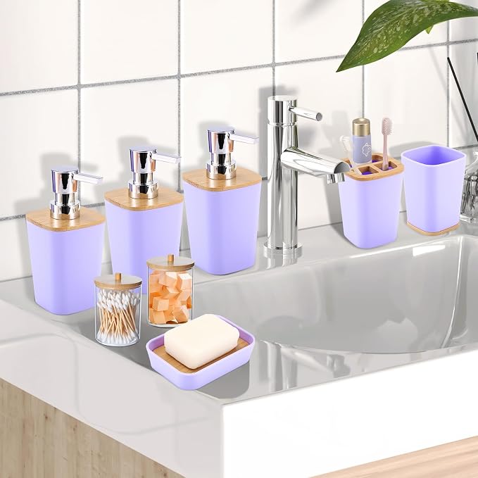 XLHOMO Purple Bathroom Accessories, Bathroom Accessories Set with Trash Can, Soap Dispenser, Toothbrush Holder, Toothbrush Cup, Soap Dish, Toilet Brush, Tray and Q-tip Holders for Housewarming - Image 7