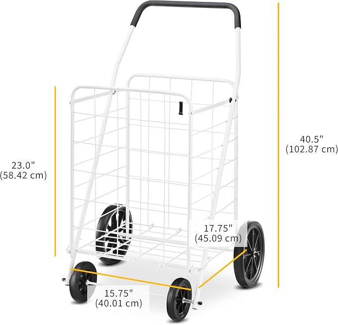 Whitmor Deluxe Utility Foldable Shopping Cart with Wheels, 100 Lb Capacity, Heavy Duty Grocery Cart with Steel Frame, Foam Handle, Rolling Folding Utility Trolley for Grocery, Laundry, Travel, White - Image 3