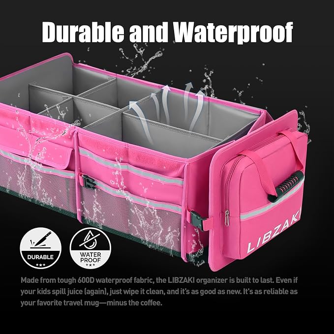 LIBZAKI Oversize 4 in 1 Car Trunk Storage Organizer, Multi Compartment Collapsible Trunk Storage Box with Cooler Bag for Car Truck SUV-Rose red - Image 2