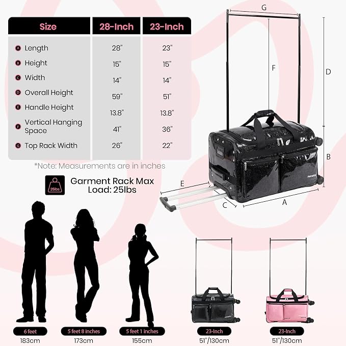 Fanwoli 23" Rolling Dance Duffel Bag with Garment Rack | Detachable 4-Spinner Wheels | Waterproof Glitter Fabric | Competition Travel Luggage for Cheerleader, Skating, Gymnast & Sleepover | Black - Image 5
