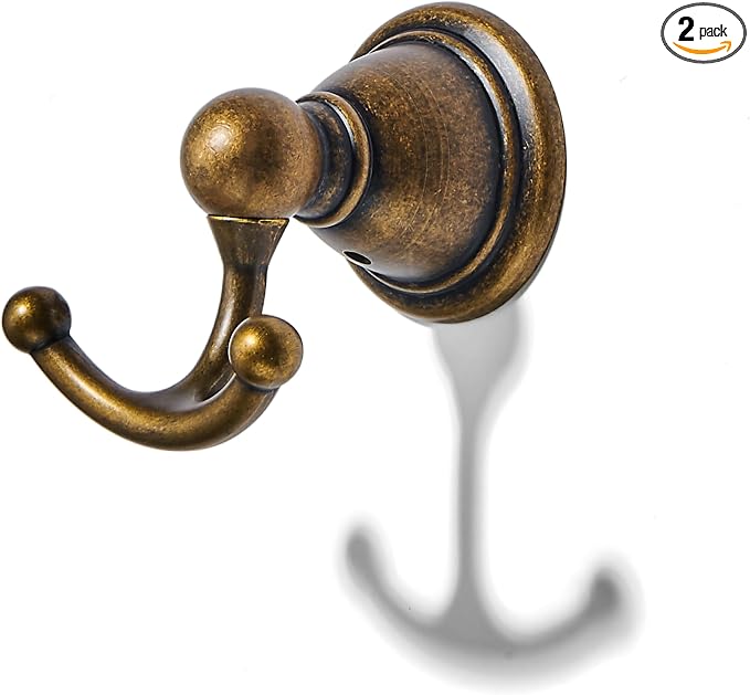 khtumeware 2 Pack Antique Brass Robe Hooks Wall-Mounted Heavy-Duty Towel Hooks, Zinc Alloy Bathroom Coat Hooks and Suitable for Hanging Towels, Bathrobes, Clothes, Hats and Bags. by khtumeware