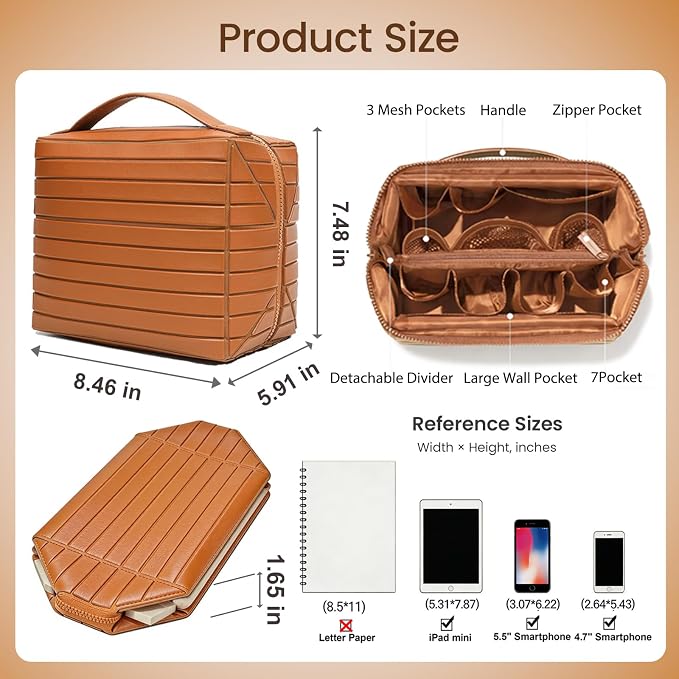 Fold Down Standing Makeup Bag – Large Travel Toiletry Organizer (Brown) | Parallel Design and Adjustable Dividers, Stands Upright or Folds Flat. Multiple Pockets Fit Full‑Size Cosmetics & Toiletries. - Image 7
