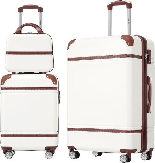 Merax Luggage Set 2 Piece Suitcase Set with Cosmetic Case Expandable Spinner Wheels Vintage Luggage Sets(White,20"+28") by Merax