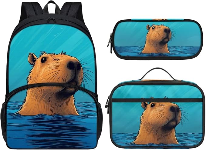 Cute Capybara Kids Backpack 3 Piece Set with Insulated Lunch Bag Pencil Case Lightweight Waterproof School Bag Back to School Supplies for Elementary Kindergarten Boys Girls, 17'' 25L by Dremagia