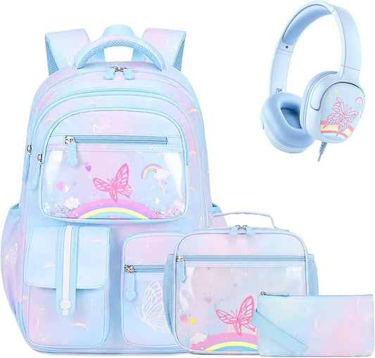 ACESAK Kids Backpack for Girls, Rainbow Backpack Set with Over-ear headphones, Lunch Bag Set for School, Girls Backpack for Elementary Middle school Teen Student(Blue) by ACESAK