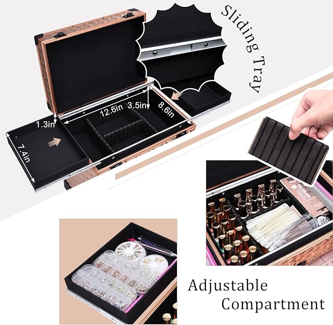 FRENESSA Professional Rolling Makeup Case Aluminum Trolley Train Case with Swivel Wheels for Makuep Artist Travel Cosmetic Organizer with Sliding Drawers for Nail Tech Hairstylist Barber Rose Gold - Image 3