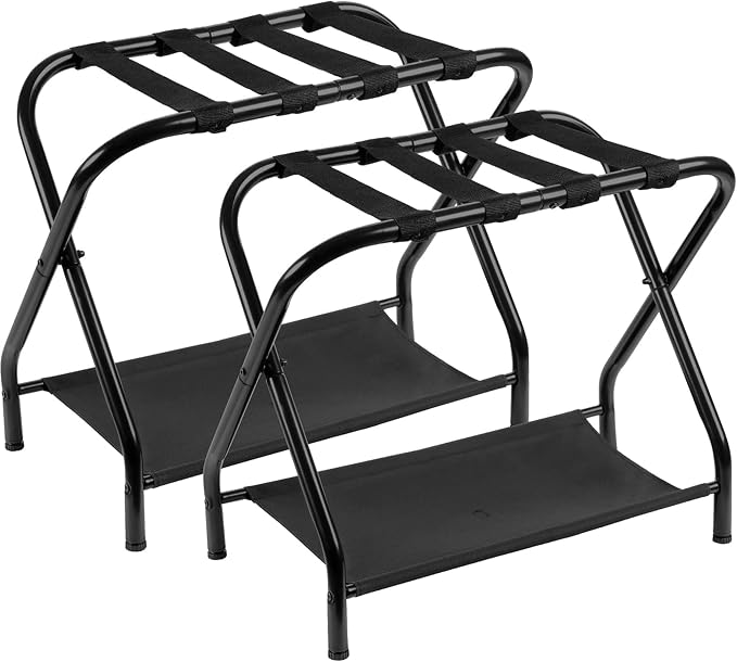 Heybly Luggage Rack for Guest Room, Pack of 2, Steel Folding Suitcase Stand with Storage Shelf for Bedroom, Hotel, Foldable Steel Frame, Guest Room 26.2" L x 14.4" W x 20.5" H, Black HLR004B2 by HEYBLY