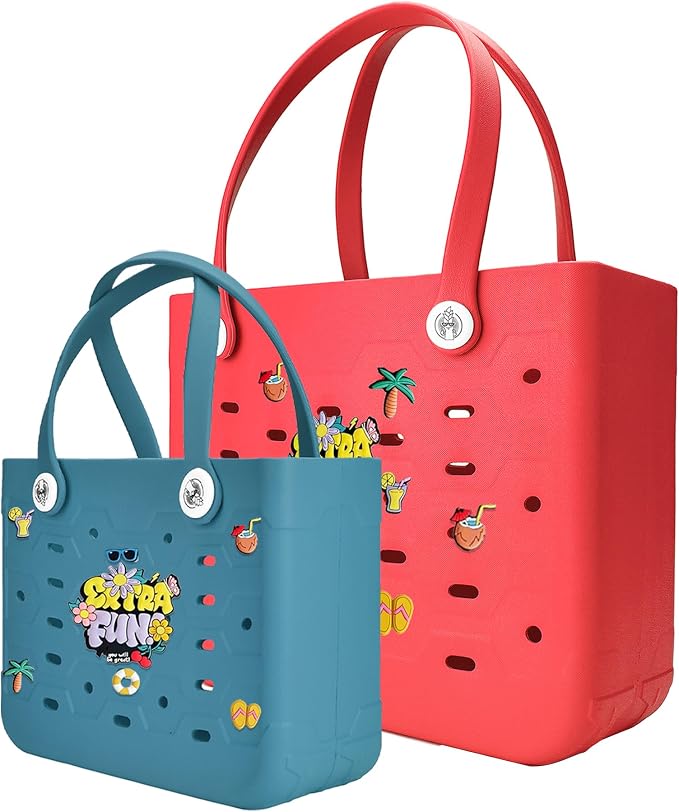 2-Pack Beach Bags Medium & Small,Waterproof Sandproof Rubber Tote Set for Women Men, Vacation Pool Boat Essentials by Unknown
