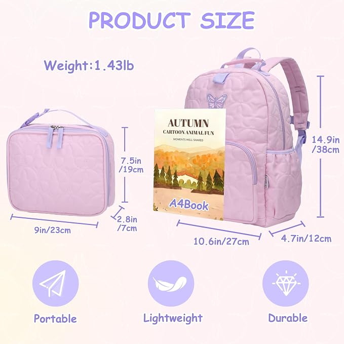 Chase Chic Toddler Backpack for Girls, Puffer Cute Lightweight Preschool Backpack with Lunch Box Set for Daycare Travel Kids Age 3-6,Pink Butterfly - Image 2