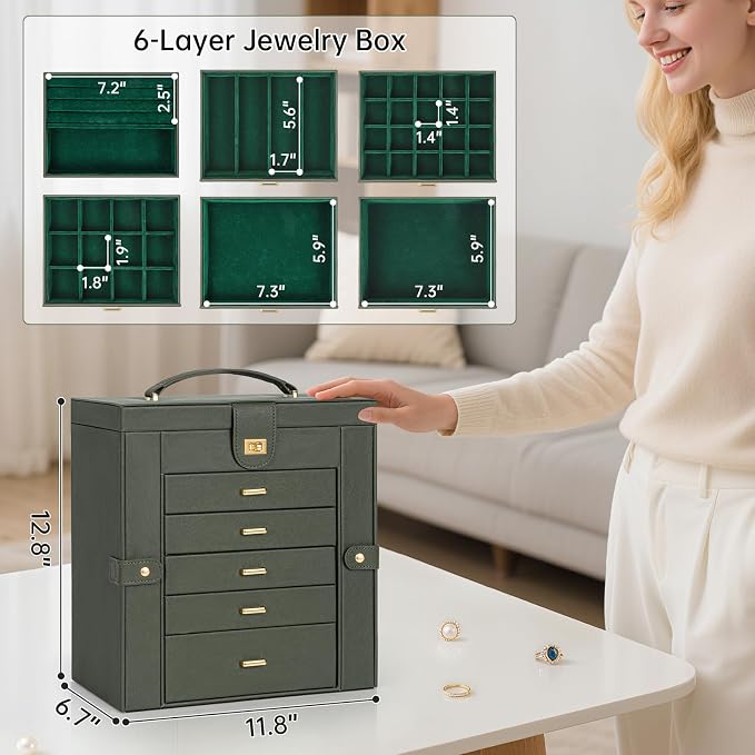 AKOZLIN 6-Tier Jewelry Box Organizer Functional 5 Drawers Leather Jewelry Storage Case for Women Girls Ring Necklace Earring Bracelet Holder Organizer with Mirror Extra Large Darkgreen - Image 4