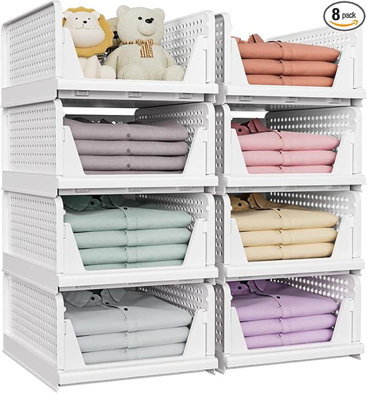 SNSLXH 8 Pack Stackable Closet Storage Bins, Multifunctional & Foldable Closet Organizers and Storage for Bathroom Kitchen Laundry Room Drawer Shelf Storage, Space-Saving Wardrobe Organizer, White by SNSLXH