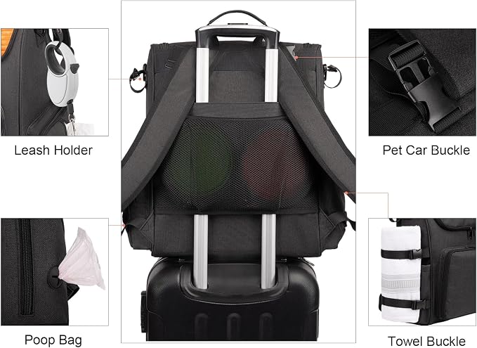 Modoker Multi-Compartment Dog Travel Backpack for Pet Supplies, Black | Dog Travel Accessories Organizer with 2 Food Bags, 2 Bowls, Quick-Access Pockets, Tissue Opening, Luggage Sleeve, Feeding Mat - Image 5