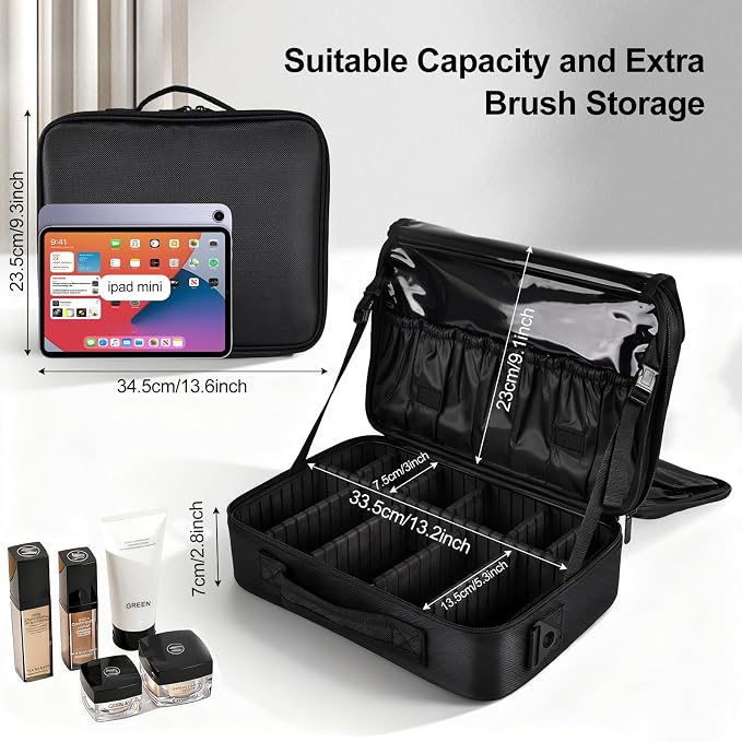 Greenfeather Travel Makeup Bag, Professional Cosmetic Train Case Organizer, Portable Travel Cosmetic Brush Bag Holder Makeup Artist Storage Box with Adjustable Dividers and Shoulder Strap, Black - Image 3