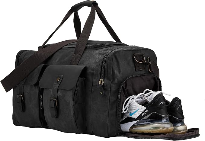 Waxed Canvas Duffel Bag with Shoe Compartment | Waxed Canvas Travel Bag for Men, Genuine Leather Trim, Shoe Compartment, Front Pockets, Weekend, Overnight and Carry-On Use - Image 4