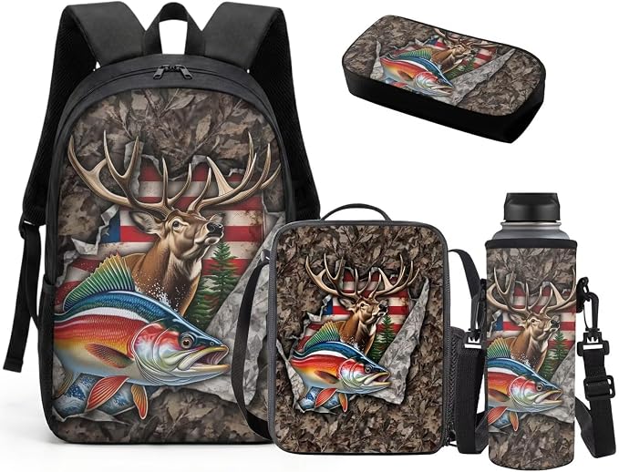 GIFTPUZZ 4 Piece Camo Deer Fish American Flag Backpack Set for Kids | Patriotic Bookbag with Lunch Box for Boys Elementary School, Zip up Pencil Case, Water Bottle Sleeve, Summer Camp, Ages 6-8 by GIFTPUZZ