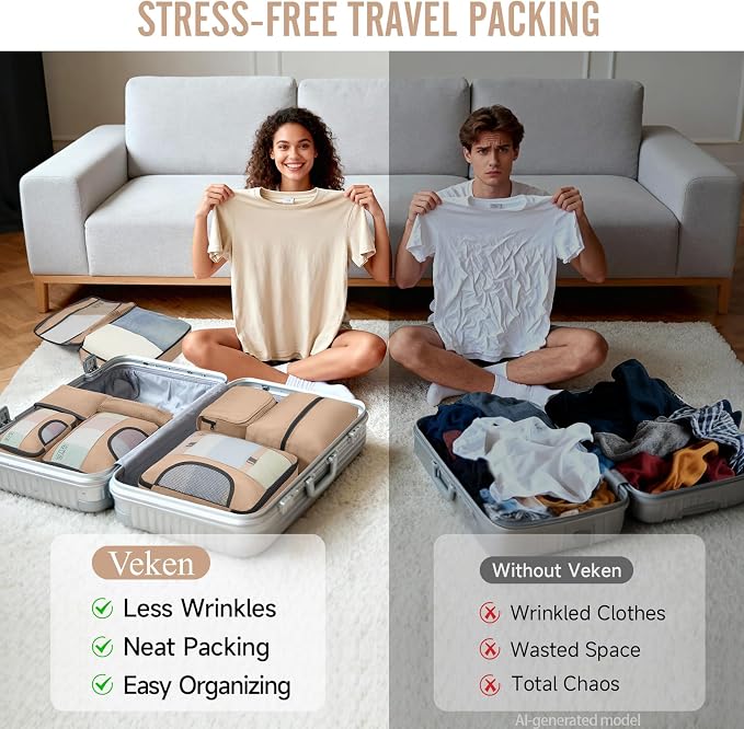Veken 8 Set Packing Cubes for Travel Essentials,Anti-Wrinkle Buckled Suitcase Organizer for Shoe & Toiletry Bag,Carry On Luggage Bag with 99+ Count Mesh Holes for Airplane & College Dorm Accessories - Image 7