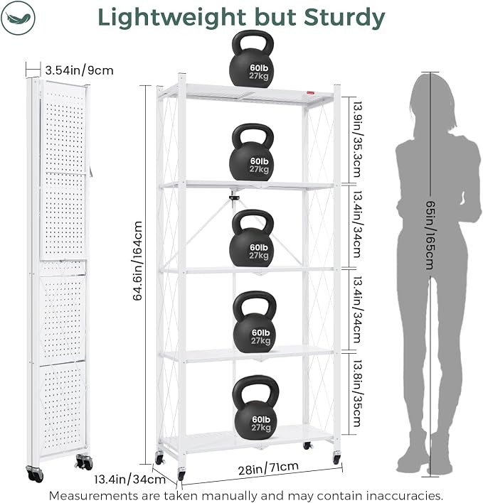 DEANIC 5 Tier Foldable Storage Shelves with Wheels, Large Capacity Shelving Unit, Freestanding Metal Wire Shelf Rack, No Assembly Organizer Rack for Garage Kitchen, Basement, Pantry(White Pack of 2) - Image 3